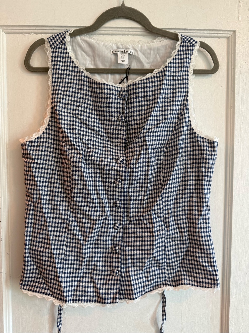 Christian Lacroix Navy and White Gingham Lace-Trim Button Front Camisole